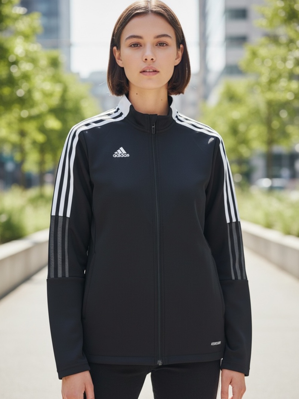 Adidas Woman Black Athletic Jacket w White Stripes SZ L EUC Athleisure Workout